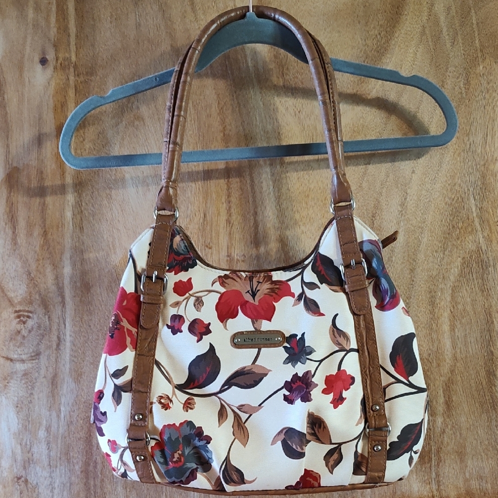 *Like New* Alfred Dunner Floral Fabric Shoulder Bag Cream Red Gray Faux Leather